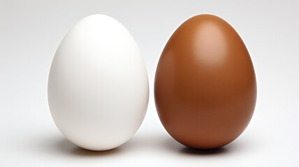Two Eggs Side by Side on a White Background - One White, One Dark Brown - Generative AI