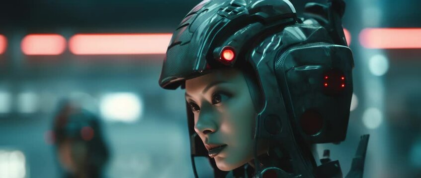 Close up of sci-fi female military in laboratory. Anamorphic 4k footage