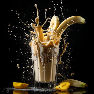 A banana Milkshake splashes with glass on black background