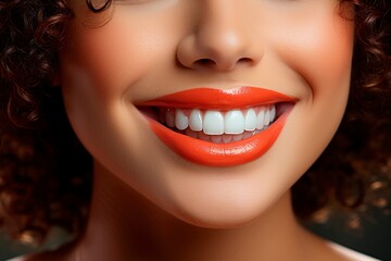 A confident Hispanic woman showcases her radiant smile, revealing flawless white teeth in a captivating close-up of her lips and mouth.