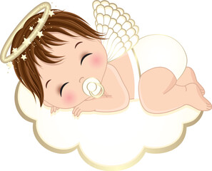 Vector Cute Angel Boy in White Ruffle Diaper Sleeping on the Cloud