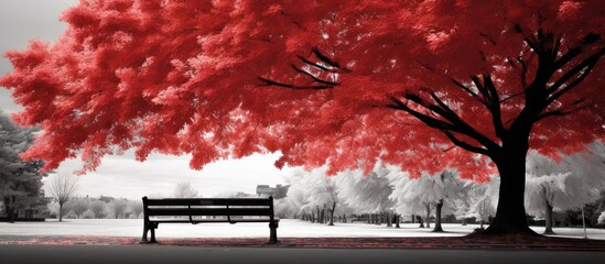 Black and white photo of a park bench under a red tree