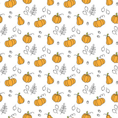 Autumn seamless pattern with pumpkins. Pumpkin of different shapes and colors. Thanksgiving design. Pattern for fabric, packaging, cards, wrapping paper. Vector illustration