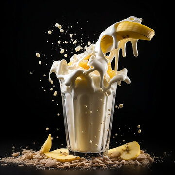 A Banana Milkshake splashes with glass on black background