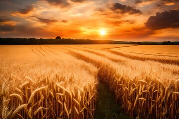 sunset over wheat field 4k HD quality photo. - obrazy, fototapety, plakaty