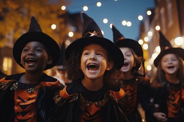 group of children dressed up as witches trick-or-treat, laugh and enjoy themselves