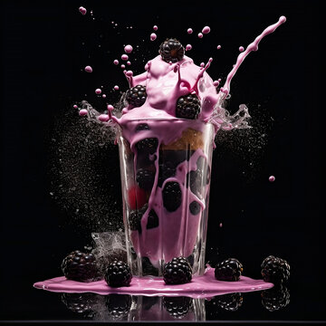 A Blackberry Milkshake splashes with glass on black background