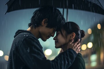 This dramatic, cinematic shot captures a young Korean couple's intense love as they hug fervently in the pouring rain. Concept of Korean Dorama