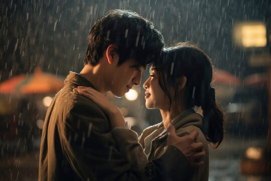 With cinematic flair, a Korean guy and girl stand in the rain, their love unfolding dramatically, creating a captivating and intense scene. Concept of korean dorama
