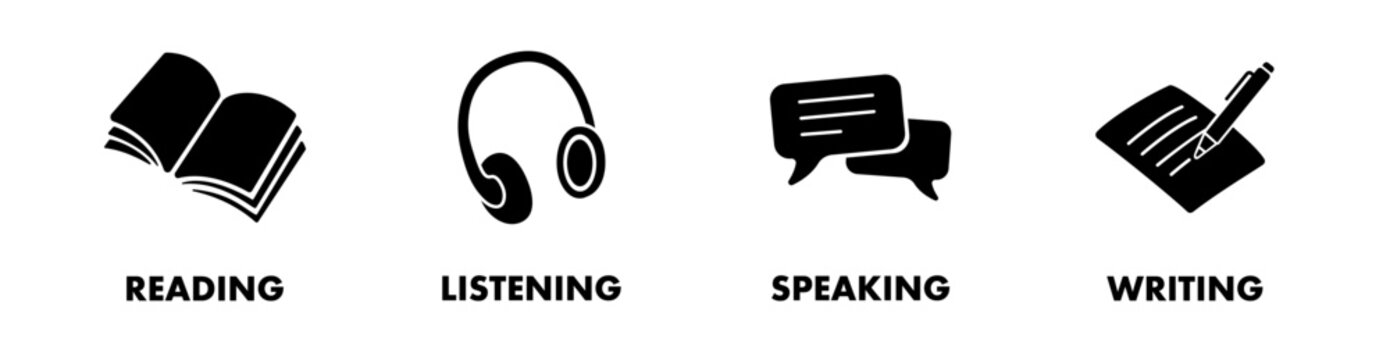 Language skill icon set speaking listening reading writing education test logo vector illustration symbol silhouette