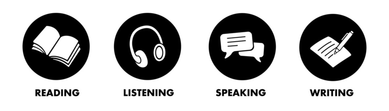 Language skill icon set speaking listening reading writing education test logo vector illustration circle symbol silhouette