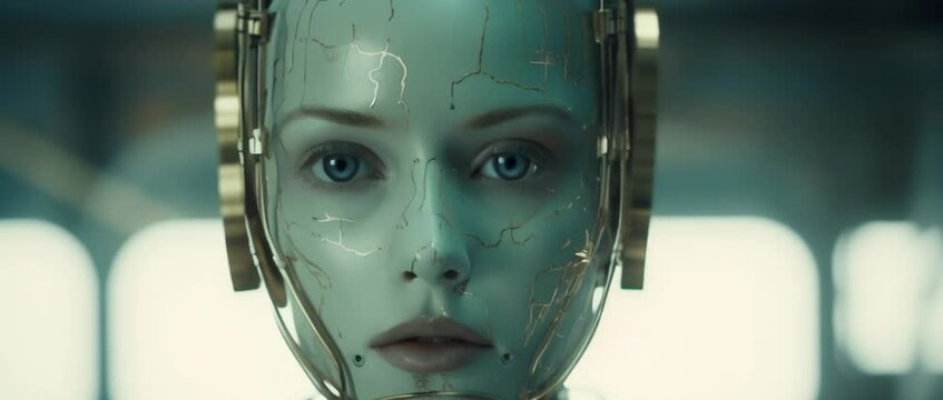 Close up of cyborg girl in laboratory looking at camera. Anamorphic 4k footage