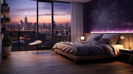 A bedroom with a view of a city at night