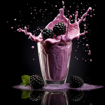 A Blackberry Milkshake splashes with glass on black background