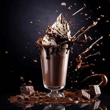 A chocolate milkshake splashes out of the glass., Isolated on a Black background.