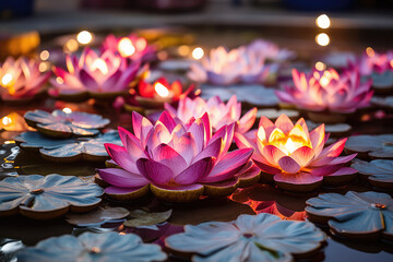 Lotus flowers symbol of spiritual purity adorning a swimming pool during the Diwali celebration. - obrazy, fototapety, plakaty