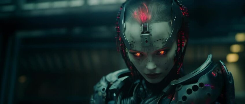 Close up of cyborg girl with red eyes in laboratory. Anamorphic 4k footage