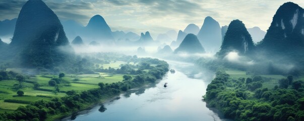 Landscape of Guilin, Li River and Karst mountains, China. Generative ai
