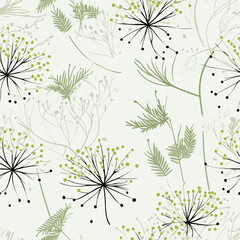 Fototapeta premium Scandinavian abstract seamless pattern with delicate dill on a light background. Vector drawing of a sprig of dill. Manual work. Great idea for postcard, calendar, holiday invitation, wrapping paper