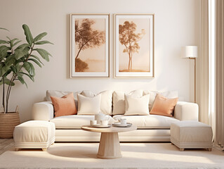 beige living room with pillows plants and art