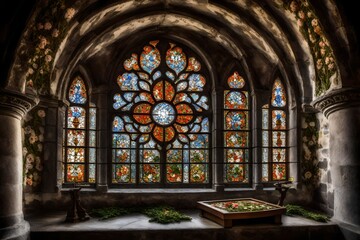 Fototapeta na wymiar stained glass window in church 4k HD quality photo. 