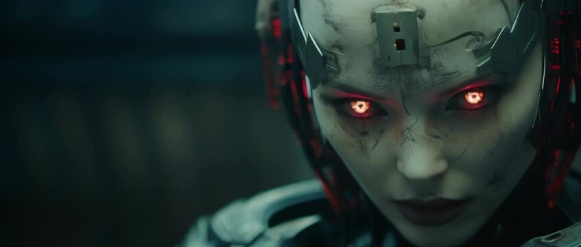 Close up of cyborg girl with red eyes in laboratory. Anamorphic 4k footage
