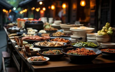 Obraz premium Immerse Yourself in the Flavors and Colors of a Busy Night Market in Asia