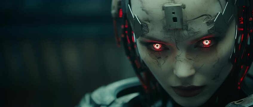 Close up of cyborg girl with red eyes in laboratory. Anamorphic 4k footage