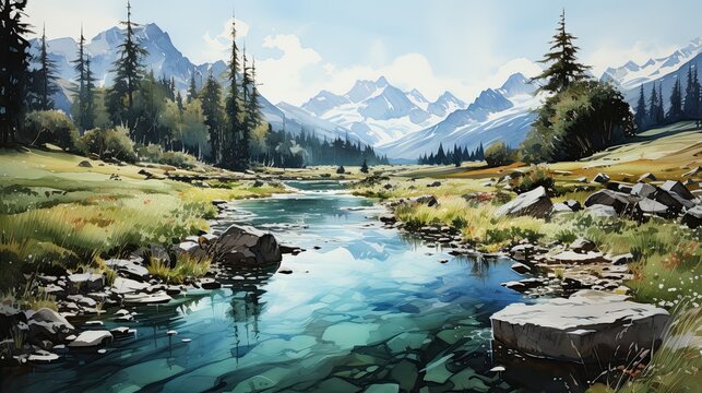Beautiful watercolors of a winter lake between high mountains