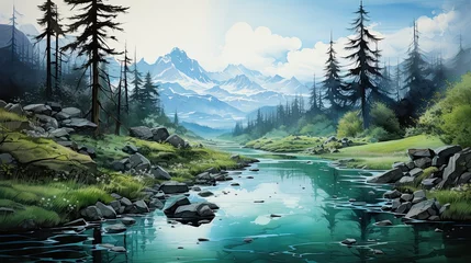 Photo sur Plexiglas Bleu Beautiful watercolors of a winter lake between high mountains