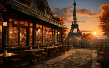 A breathtaking sunset view of the Eiffel Tower and a vibrant Parisian cafe scene