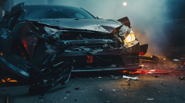 Car accident on highway, crashed auto, automotive insurance concept