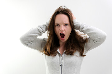 dissatisfied with working on the computer pressing buttons speaking evil young teenage girl opening...