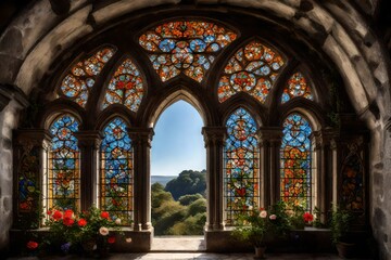 Fototapeta na wymiar stained glass window in church 4k HD quality photo. 