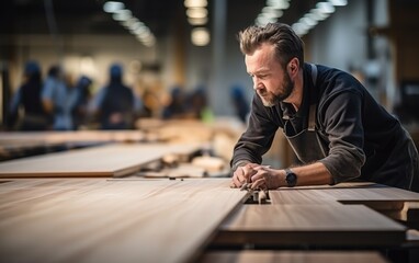 A worker at the assembly line of a modern furniture factory. Generative AI