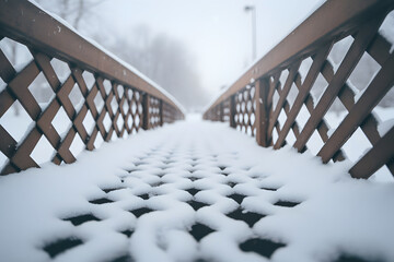 Old bridge with wooden railing covered with snow in winter season in parkland low angle view