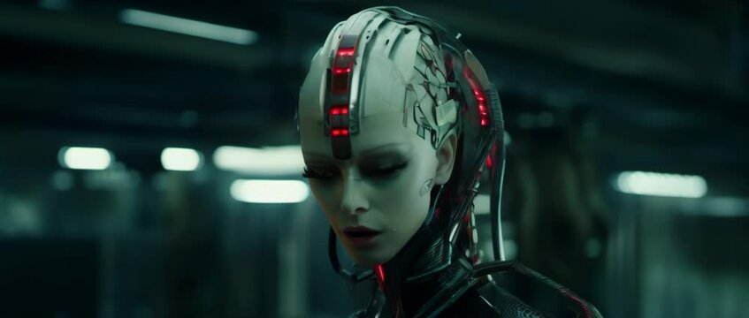 Portrait of cyborg girl in laboratory. Anamorphic 4k footage