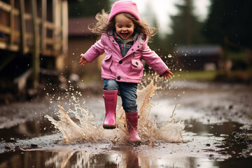 Child running and stamping in rain puddle - 652924085