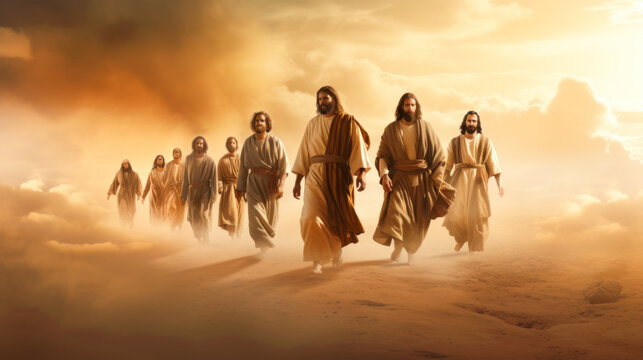 Illustration of Jesus Christ the Lamb of God and His apostles in a deserted zone Generative AI