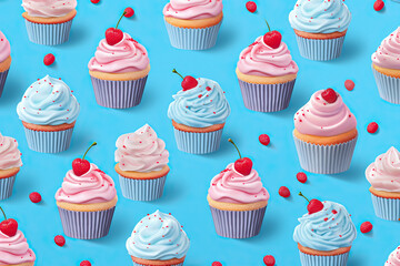 Delicious cupcakes with pink frosting and cherries on top