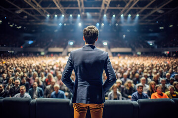 A man addressing a large audience in a public speaking event