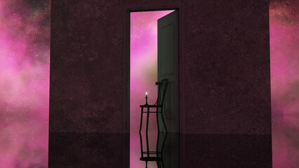 Wall and an open door against the backdrop of outer space. Stars and galaxies. A chair with a lit candle in the doorway
