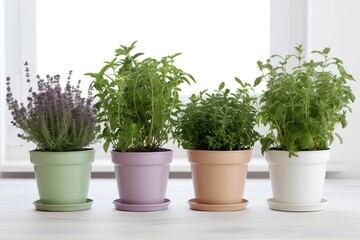 Aromatic Herbs in White Pots by the Window