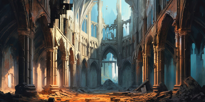 abstract art of empty Ruins of an old Christian church ,illustration painting