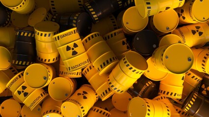 Dump of yellow and black barrels with nuclear radioactive waste. Danger of radiation contamination of industrial containers. 3D illustration - obrazy, fototapety, plakaty