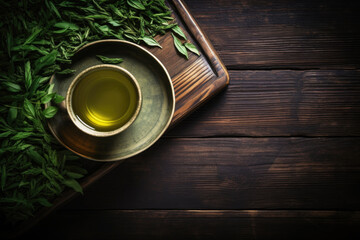 Fresh green tea with tea leaves on a dark wooden background, top view, copy space