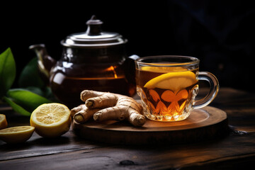 Ginger tea with mint and lemon on a dark wooden background