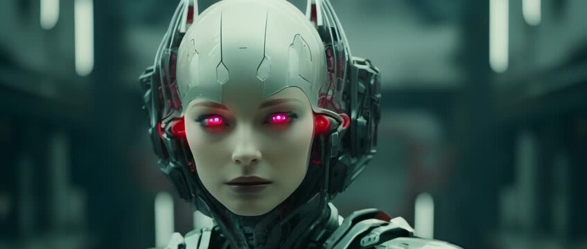 Close up of cyborg girl in laboratory looking at camera. Anamorphic 4k footage