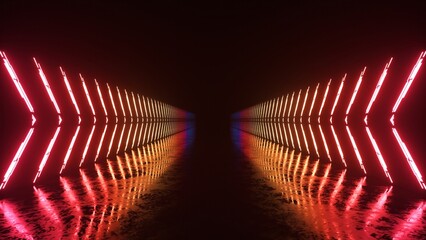 Neon luminous lines alternately light up and form a corridor on a dark background. Red orange green...