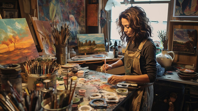 Artist working in her studio wiht paintbrushes and a print